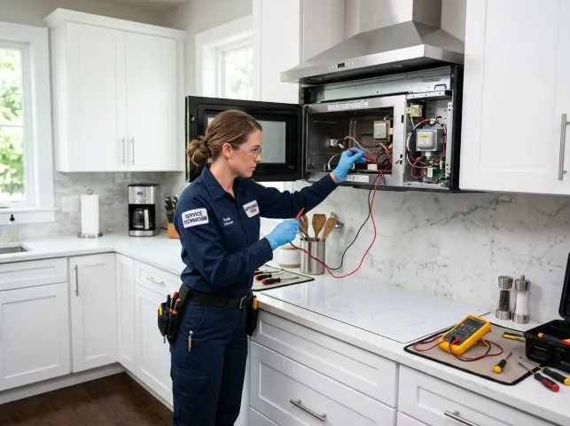 Appliance Repair Hero technician testing an over-the-range microwave in a Beverly, MA kitchen